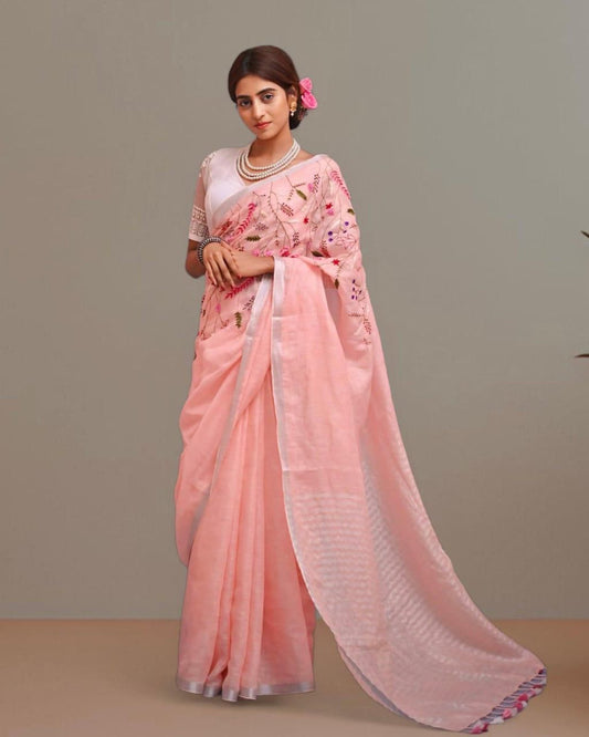 Linen embroidered saree