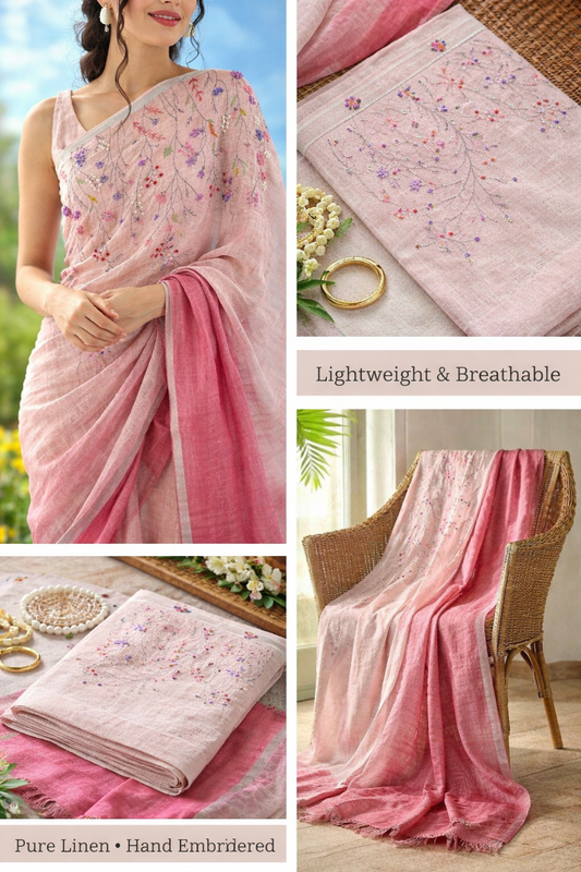 Handcrafted Pink Linen embroidered pink saree, mother's day gift