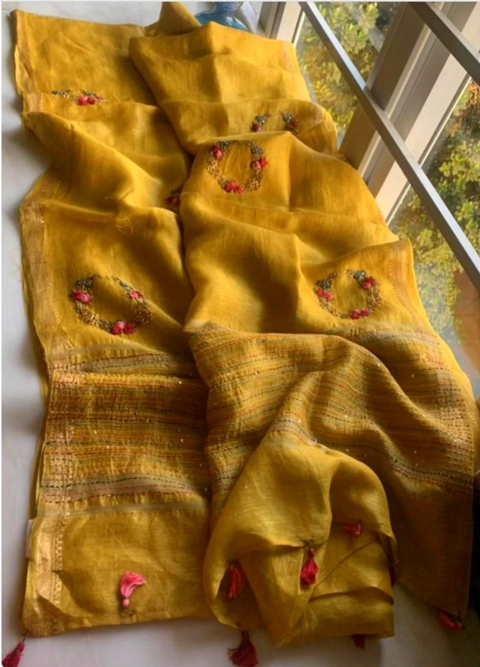 Handcrafted Linen embroidered yellow saree, mother's day gift