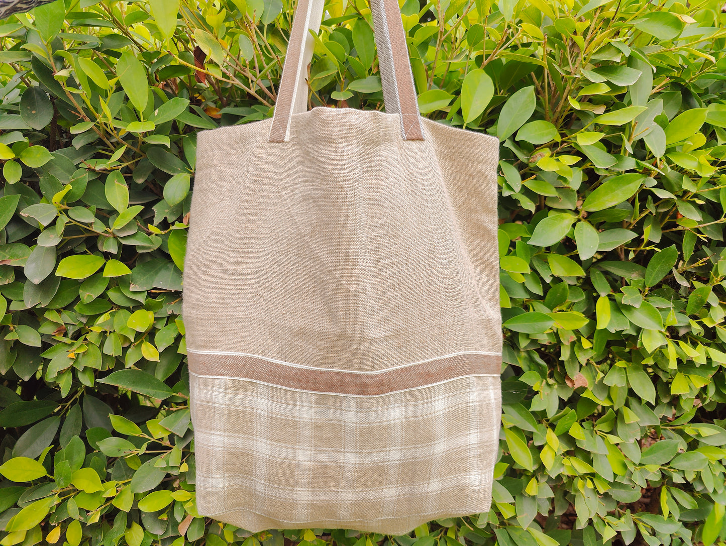 Linen Brown Beige Patchwork Tote Bag, Pure European Linen Patchwork Tote bag