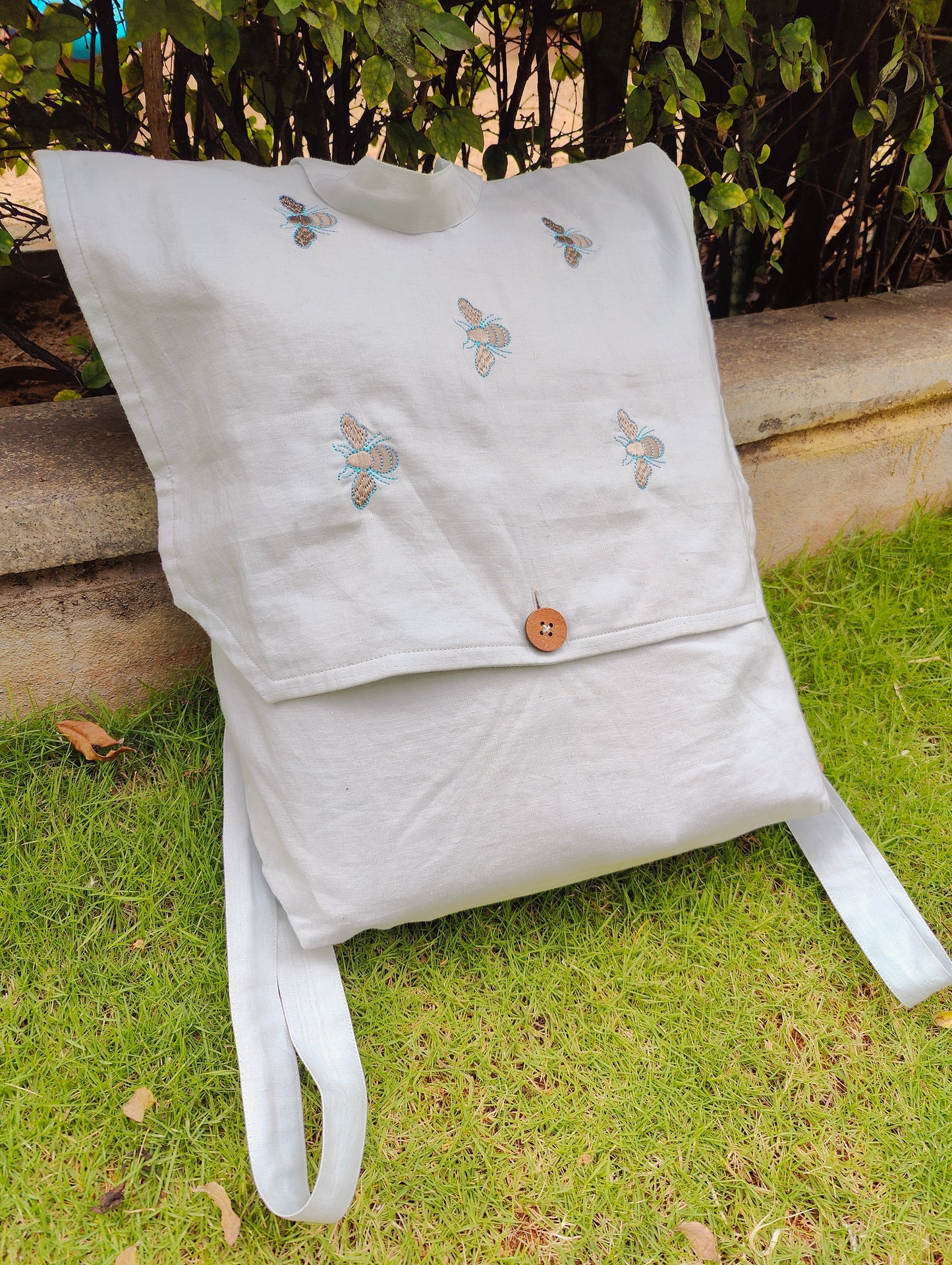 Honeybee Linen Backpack | Hand embroidered Travel bag, Daypack