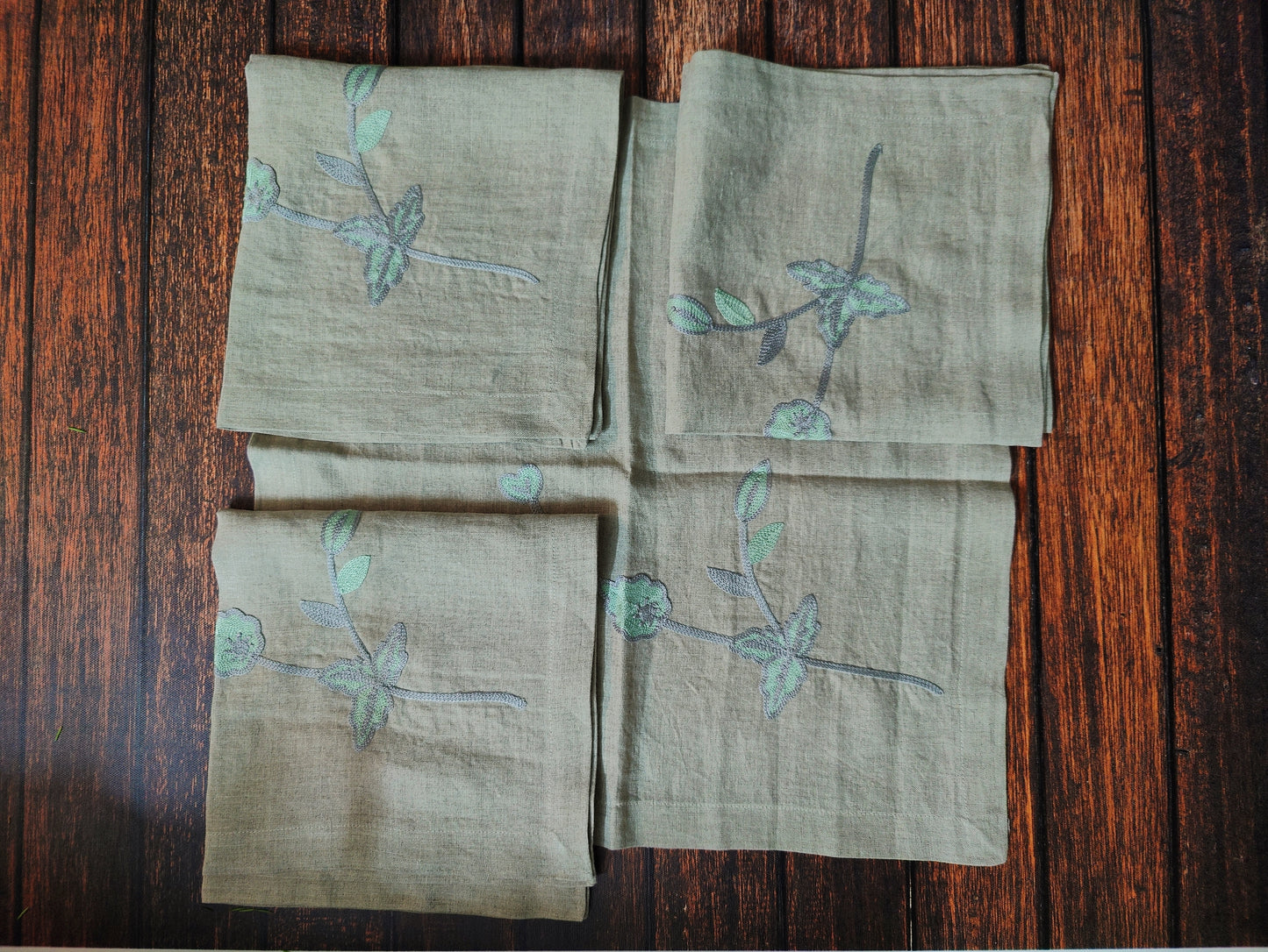 Linen Table Napkin Set of 2 / Natural Embroidered / Dining Linen / Chain Stitched / Rustic style / 100% Pure European Linen Table Napkins