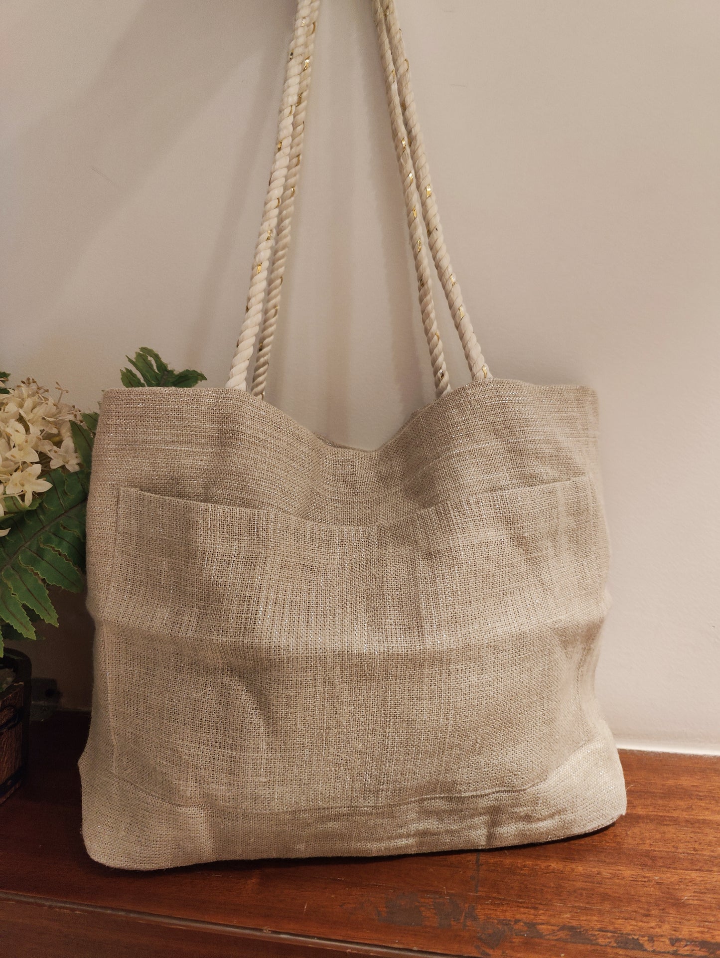 Linen Tote Bag with Pocket, Cute Tote Bag, Natural grey Linen Lurex, Market Bag, Shopping Bag, Minimalist Grocery Bag, Shoulder Bag