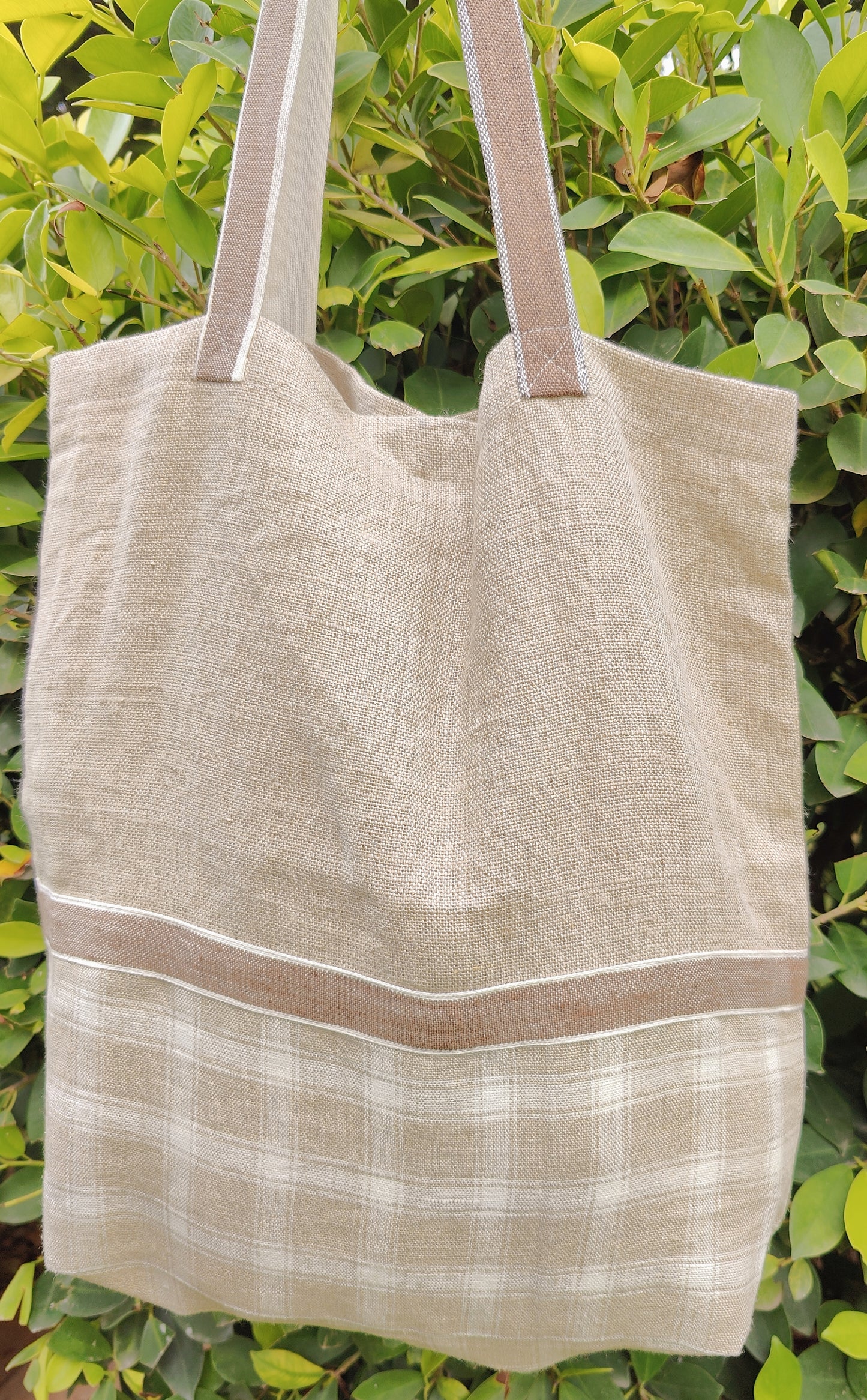 Linen Brown Beige Patchwork Tote Bag, Pure European Linen Patchwork Tote bag
