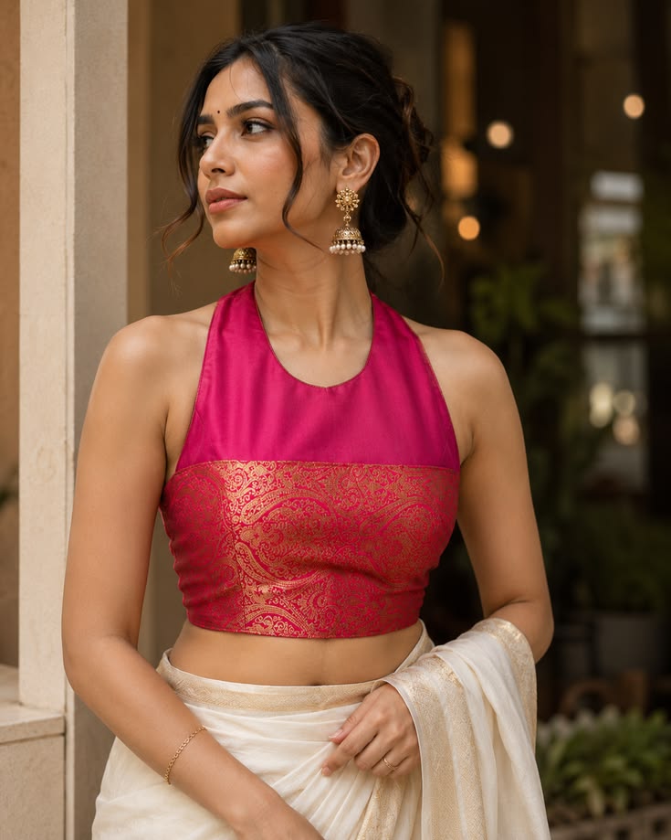 Heavy Jari Banarasi Halter Neck Partywear Blouse with Hooks & Latkans