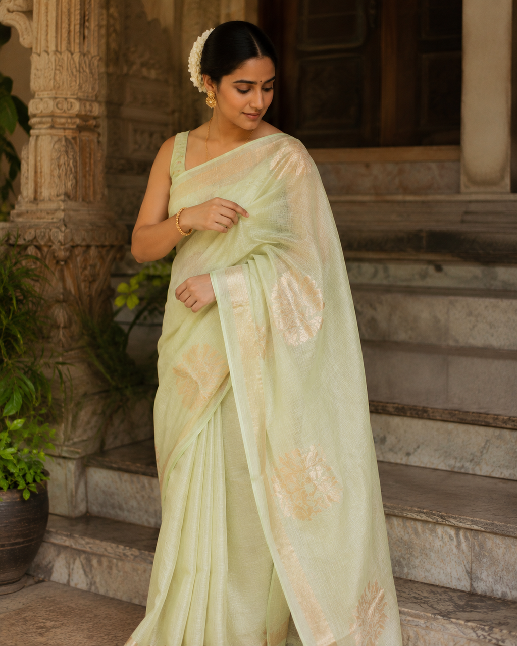 Handloom onam silk linen green west bengal jamdani saree