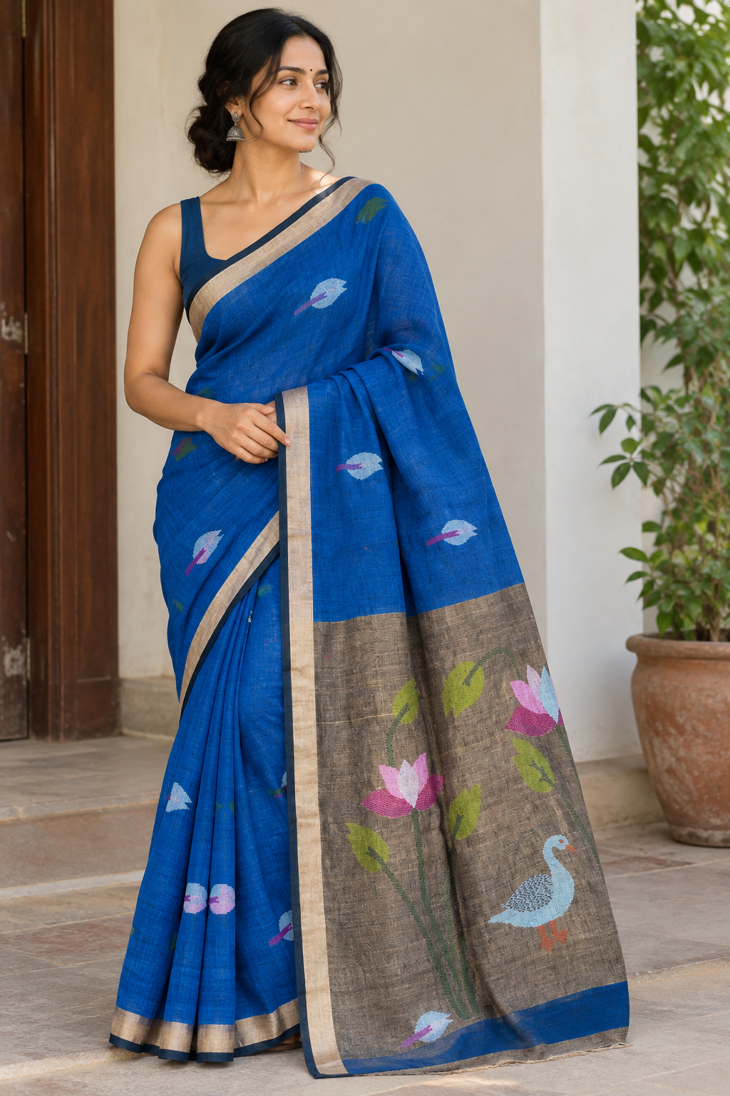 Blue West Bengal Jamdani Linen Saree – Handloom