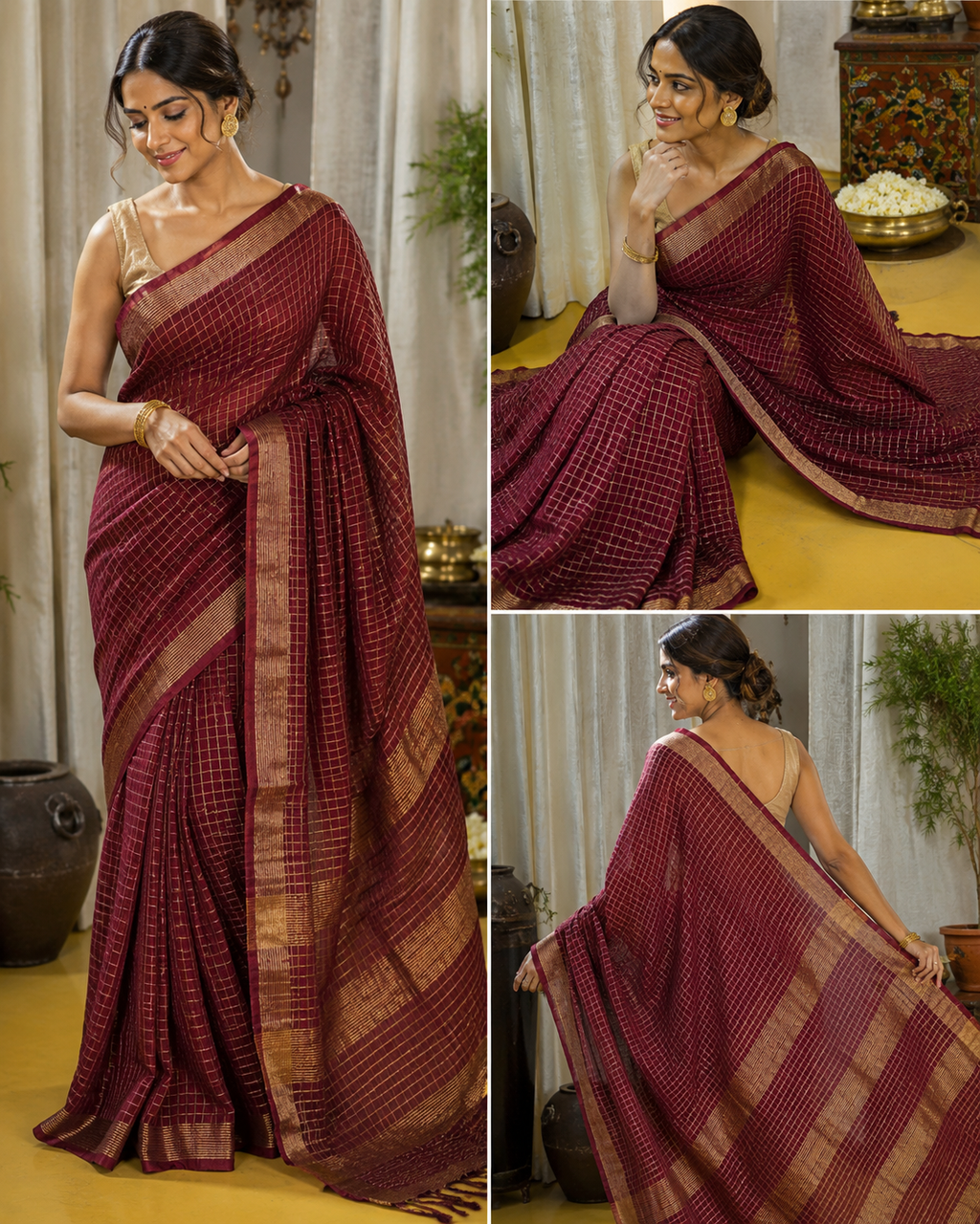 Maroon red checks line saree with golden zari