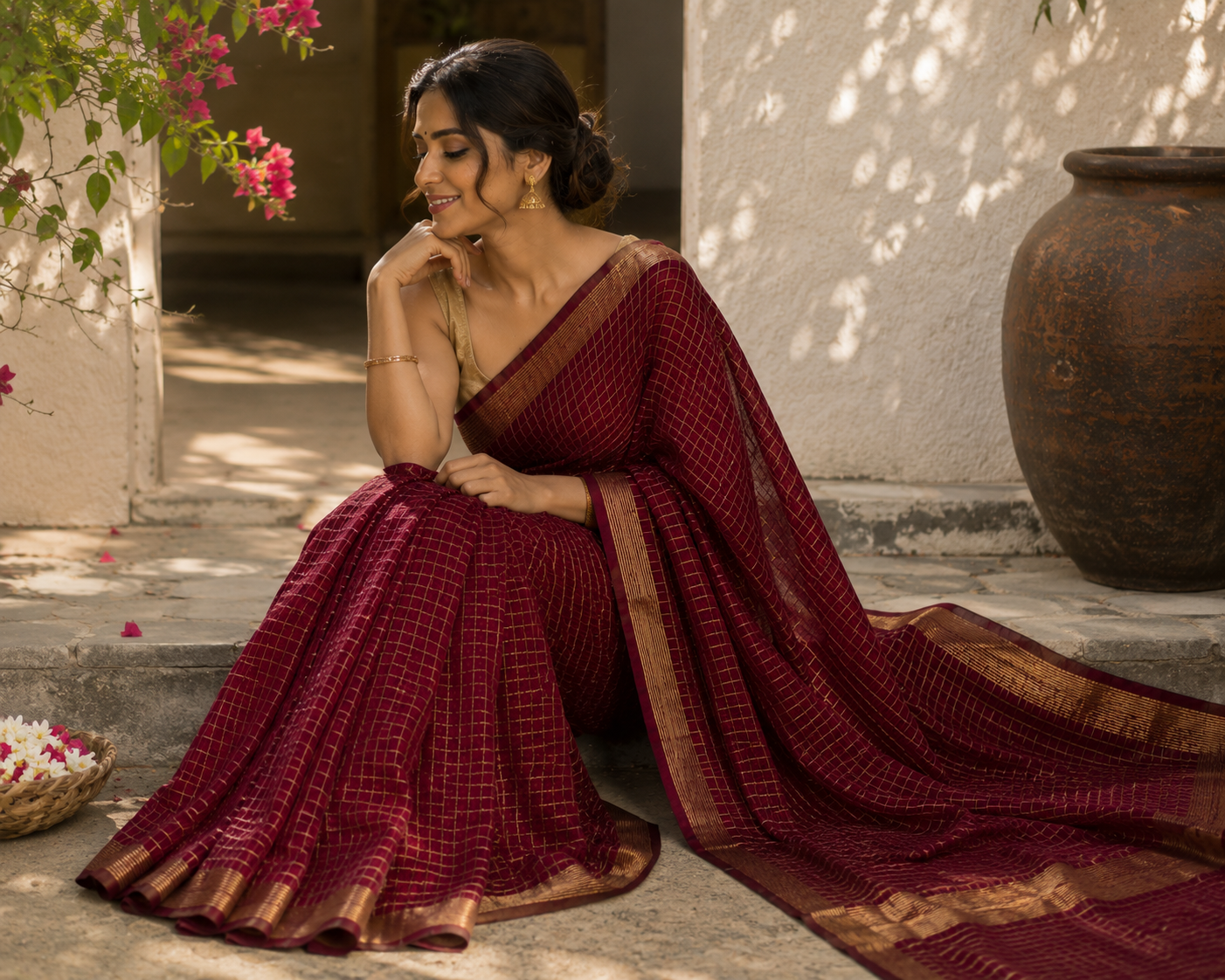 Maroon red checks line saree with golden zari