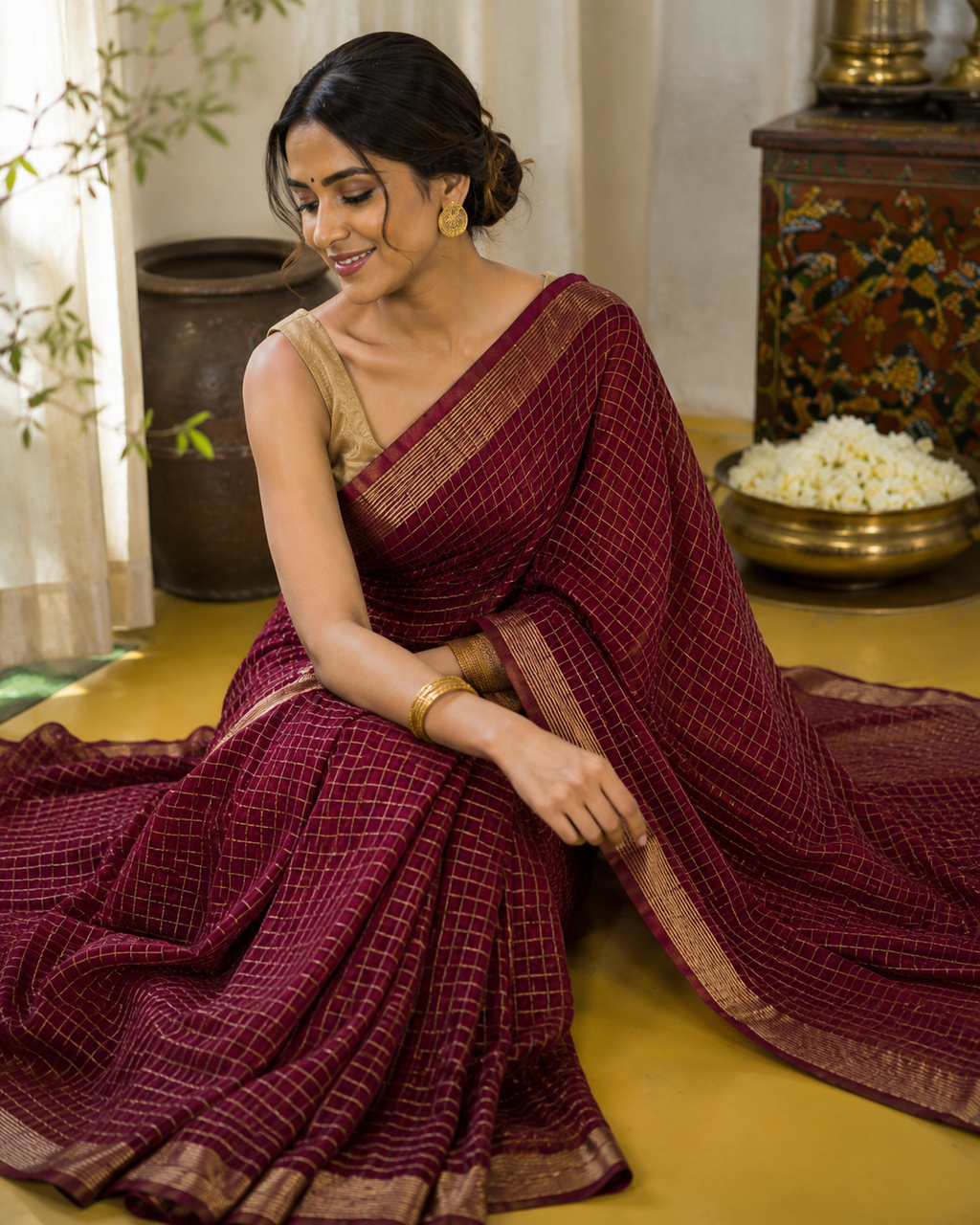Maroon red checks line saree with golden zari