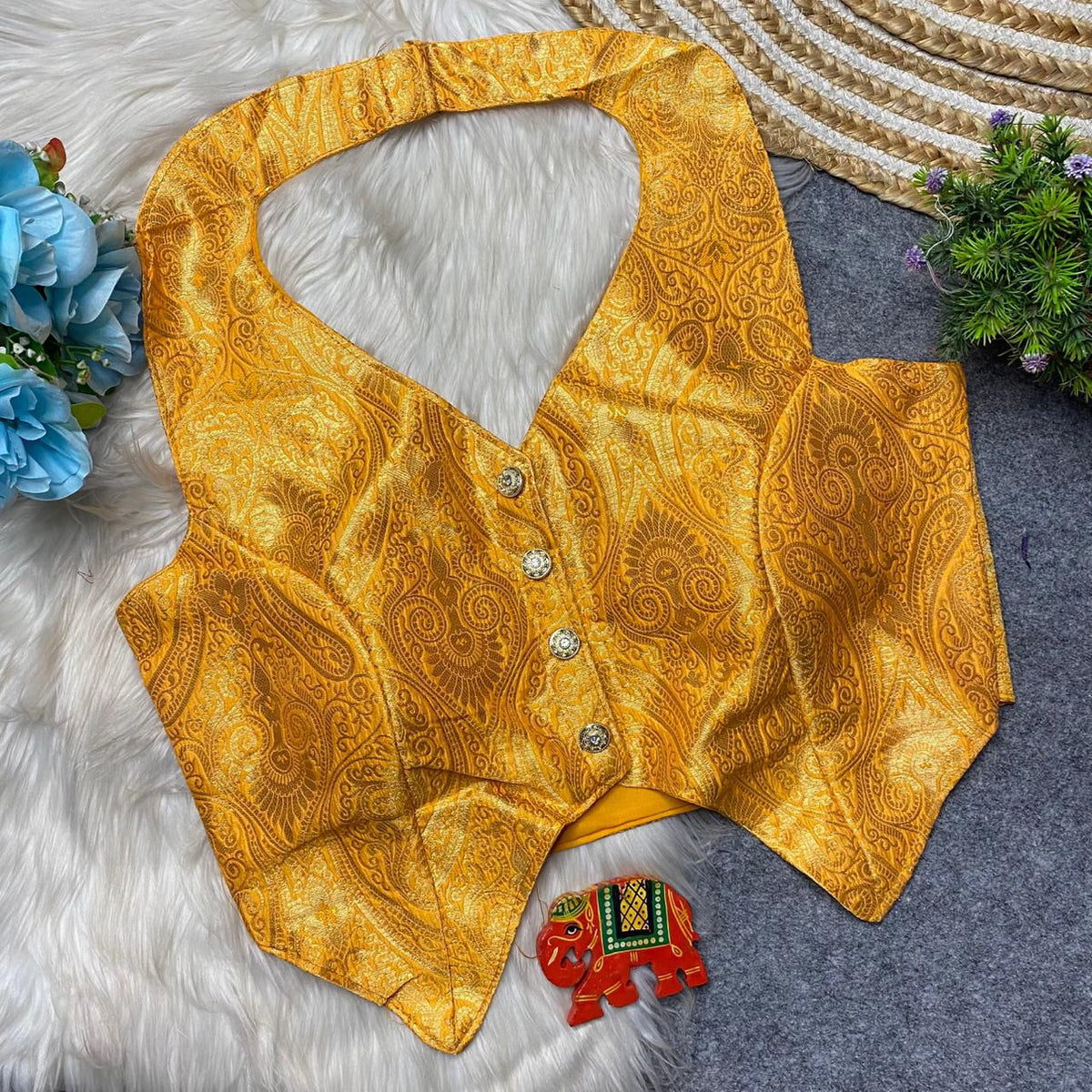 Heavy Jari Banarasi Halter Neck Partywear Blouse with Hooks & Latkans