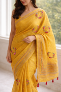 Handcrafted Yellow Hand Embroidered Linen Saree