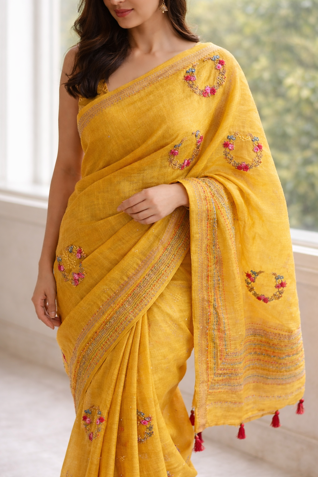 Handcrafted Linen embroidered yellow saree, mother's day gift