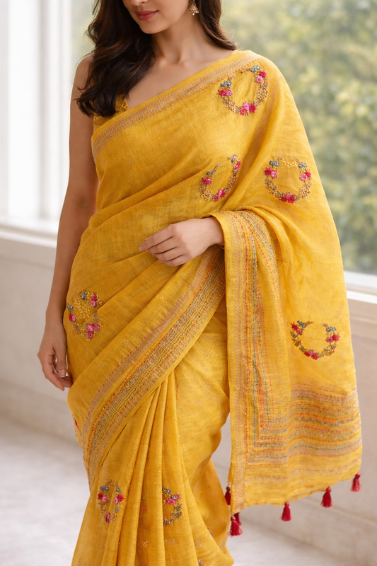 Handcrafted Linen embroidered yellow saree, mother's day gift