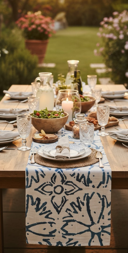 Table Linen Set / Linen Table Runner (1) / Linen TableMat (4) / Printed Blue and White / Dining Linen Set