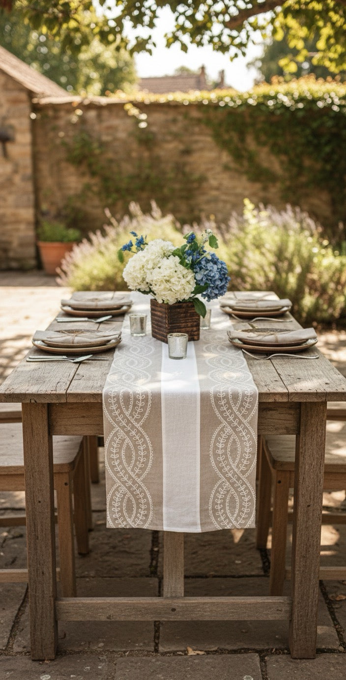 Linen Table Runner, Beige White Embroidered 80" by 14" .Vintage wedding long table runner for holiday, festival rustic new home or farmhouse