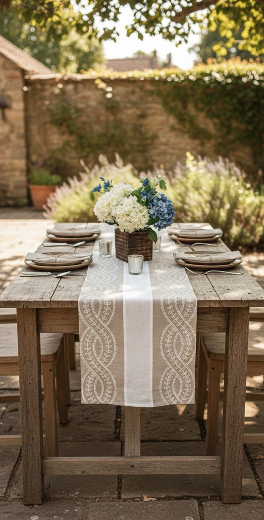 Linen Table Runner, Beige White Embroidered 80" by 14" .Vintage wedding long table runner for holiday, festival rustic new home or farmhouse