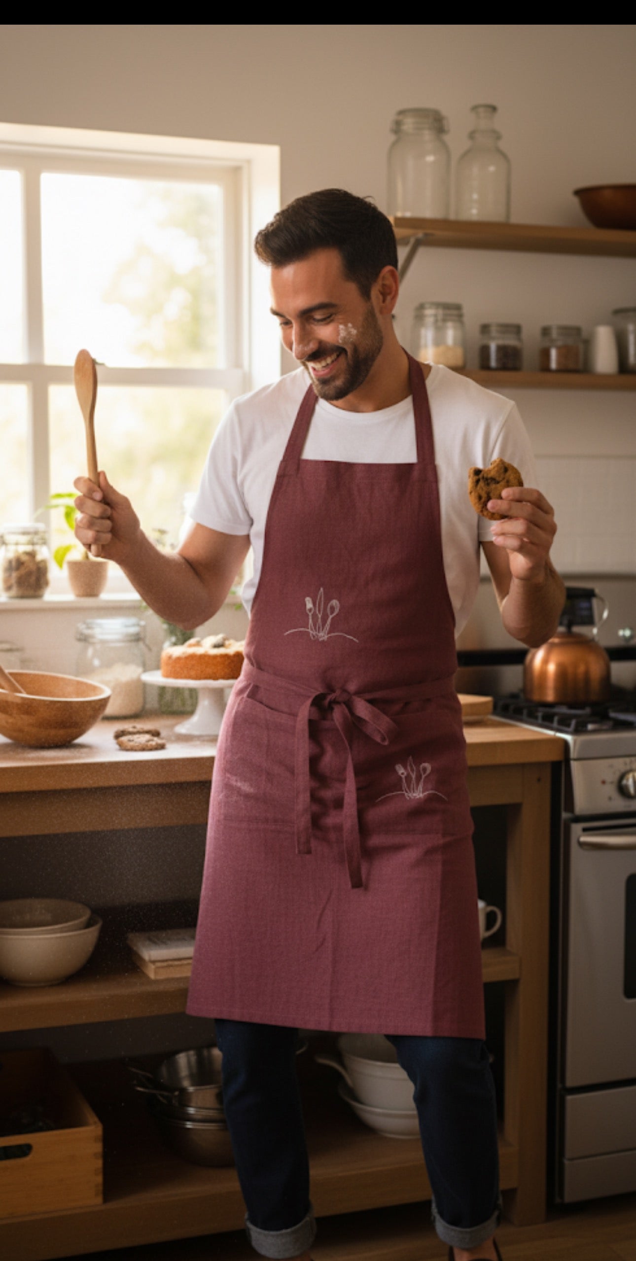 Plum Apron, Embroidered apron, Unisex Apron, Apron With Pocket, Linen Apron, Kitchen Apron