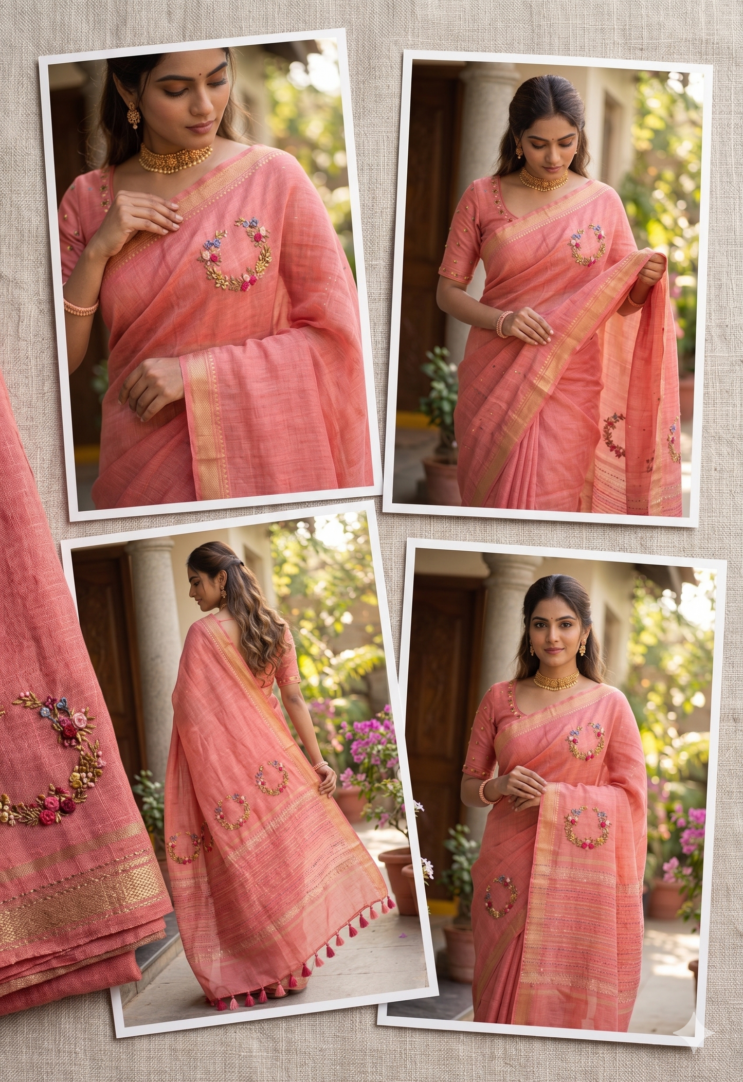 Handcrafted Linen embroidered peach pink saree, mother's day gift