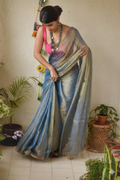 Handcrafted Blue Pure Linen Tissue Saree