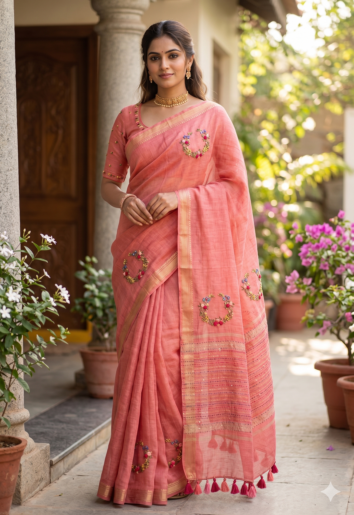 Handcrafted Linen embroidered peach pink saree, mother's day gift