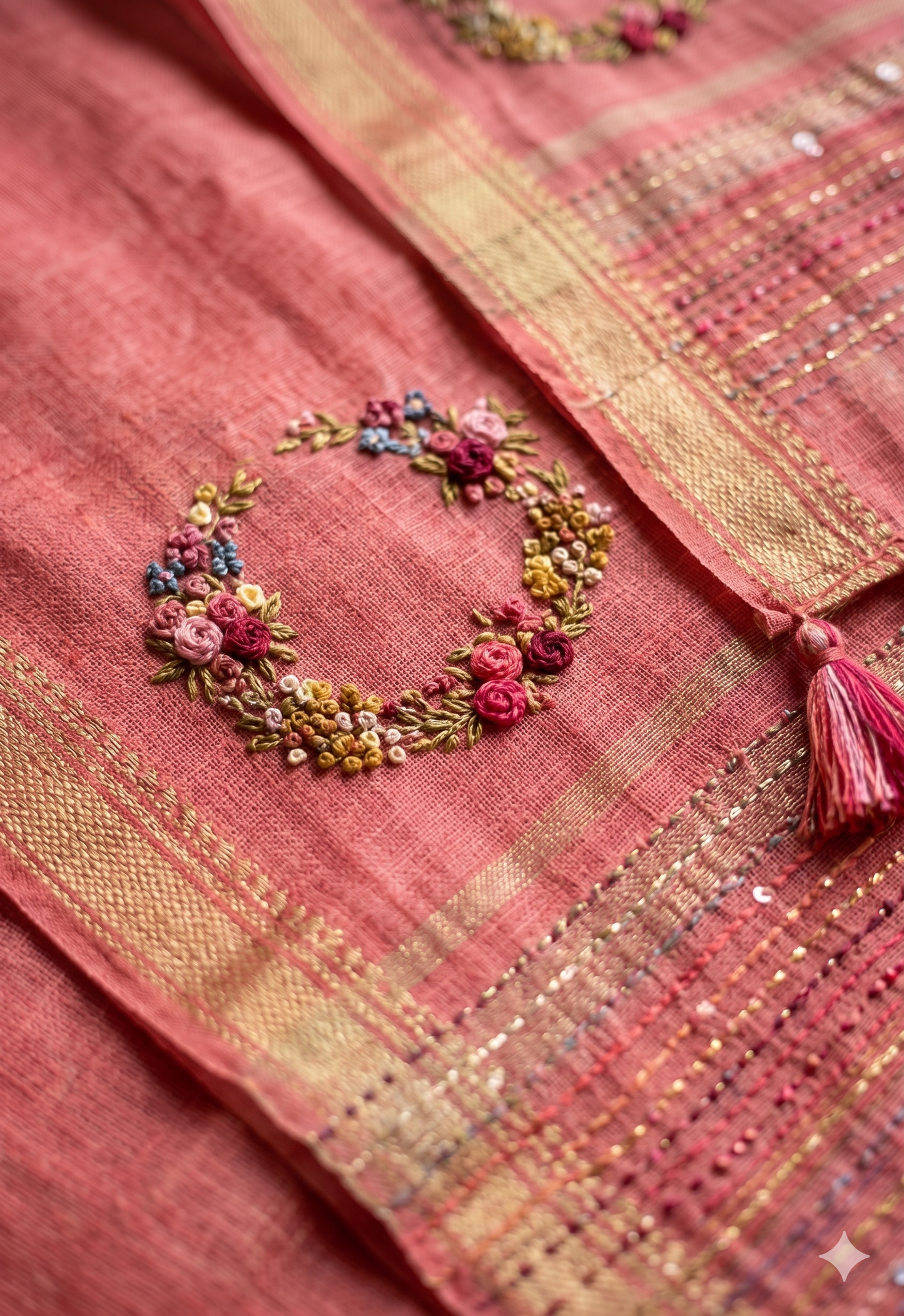 Handcrafted Linen embroidered peach pink saree, mother's day gift