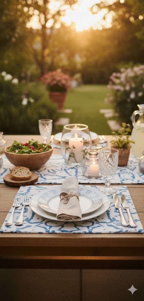 Blue & White Printed Linen Table Set – Runner & Placemats
