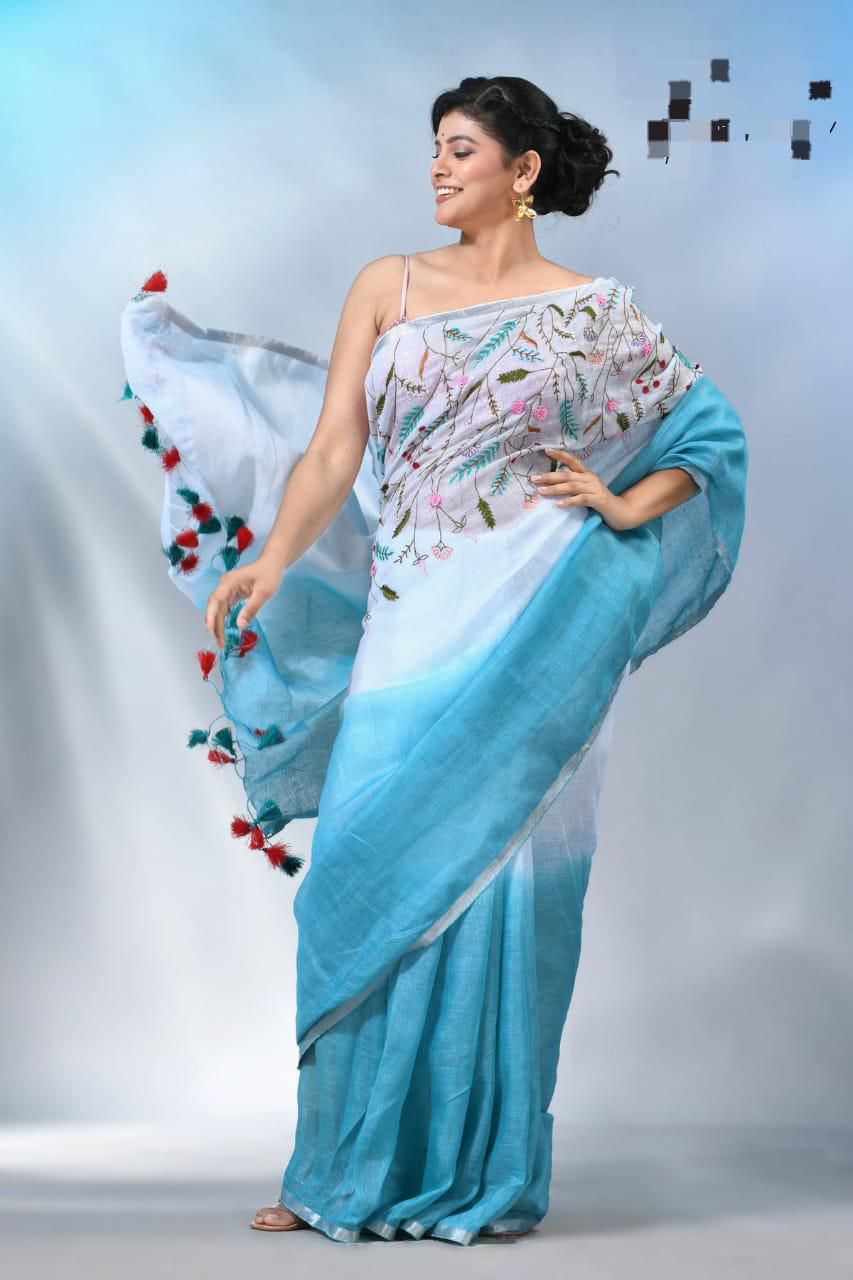 Linen embroidered saree