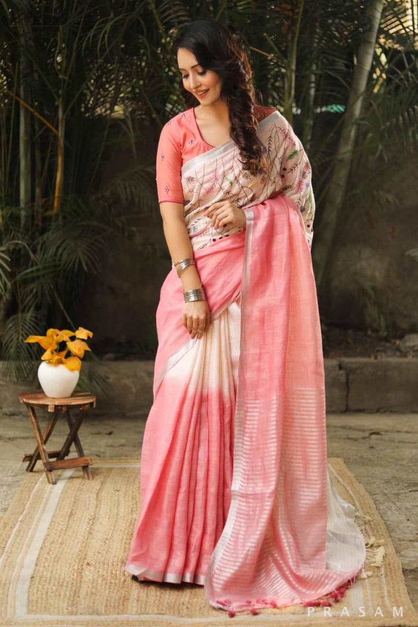 Linen embroidered saree