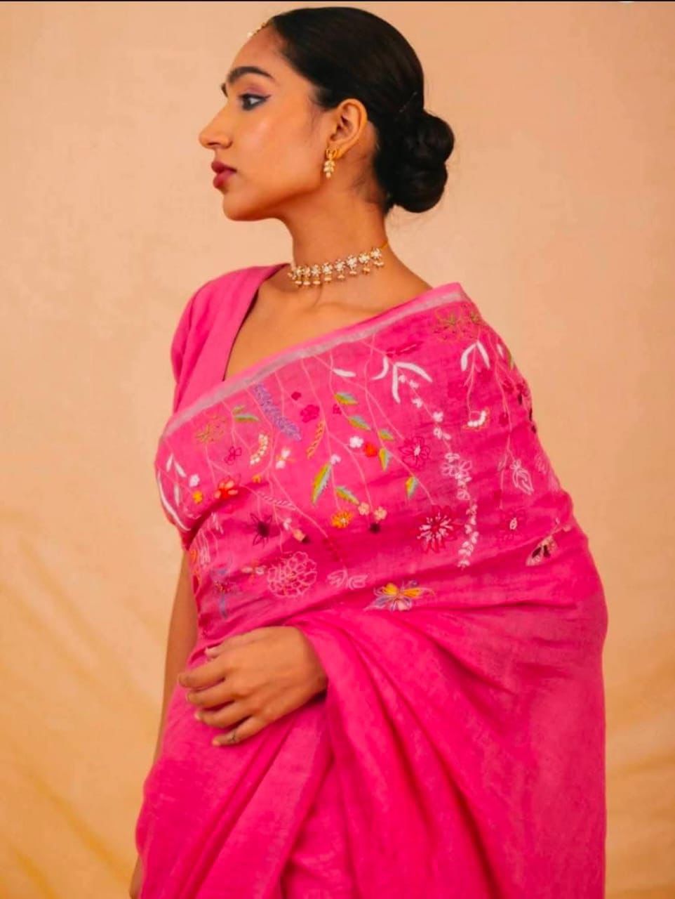 Linen embroidered saree