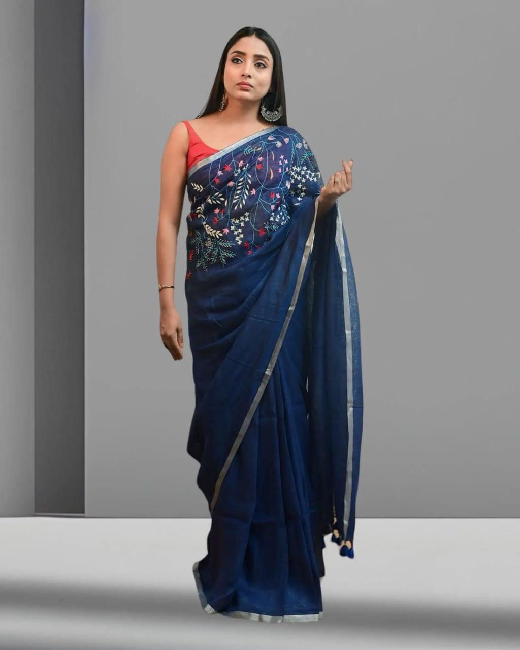 Linen embroidered saree