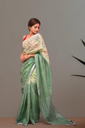 Pastel Multi-Shade Hand Embroidered Linen Saree – Floral Print
