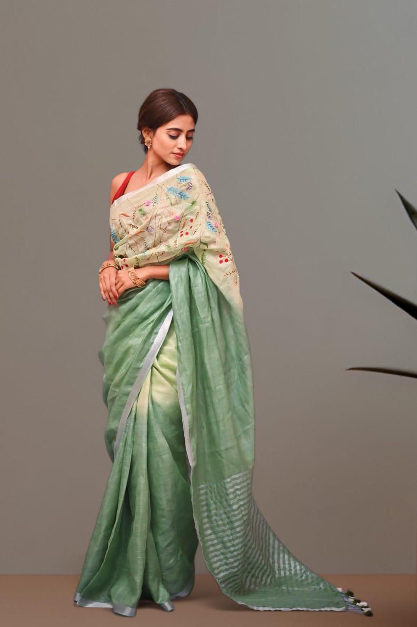 Linen embroidered saree