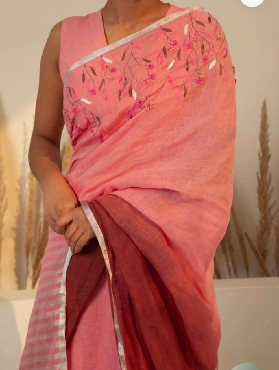 Linen embroidered saree