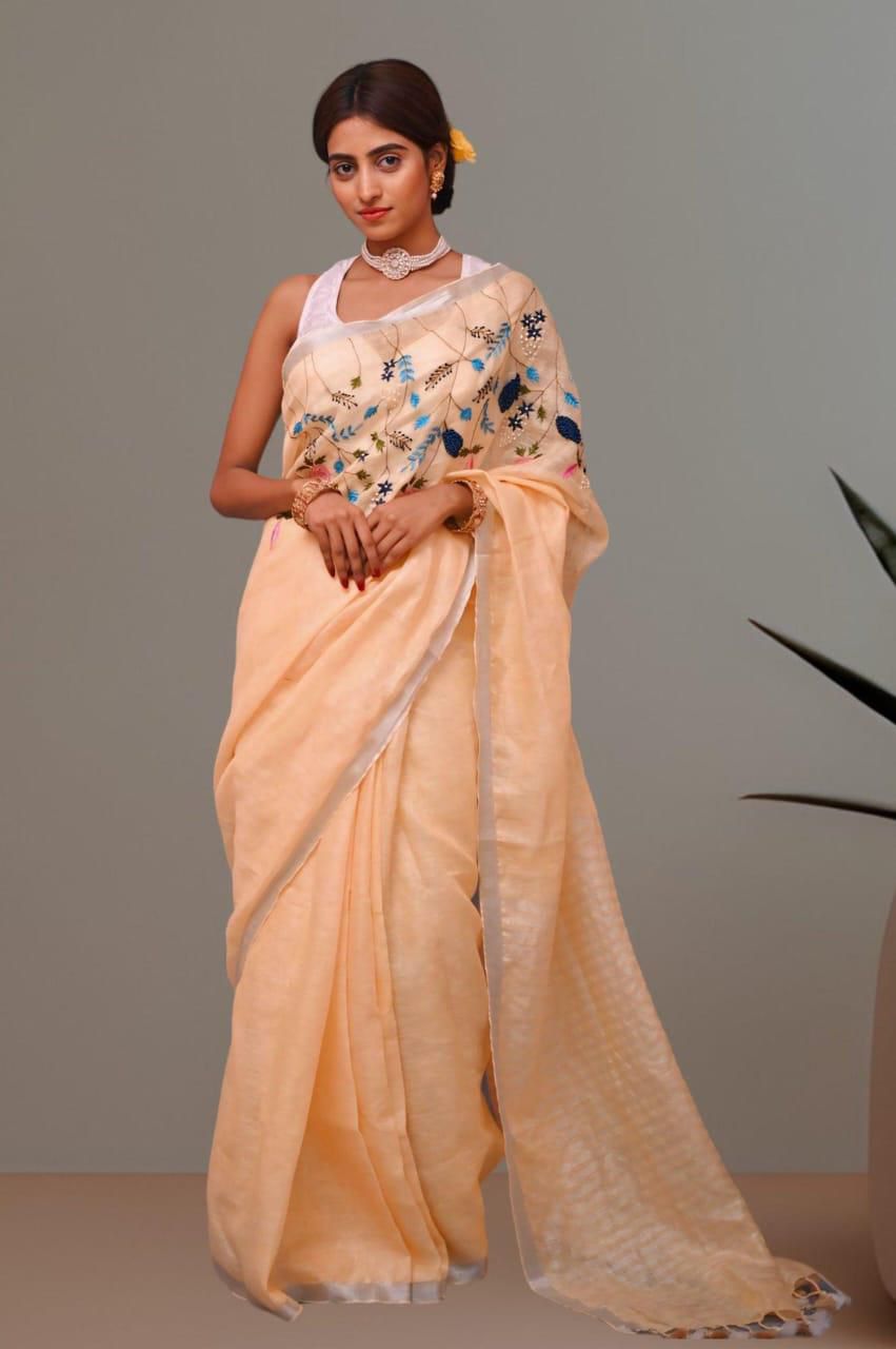 Linen embroidered saree