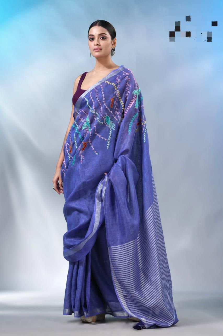 Linen embroidered saree