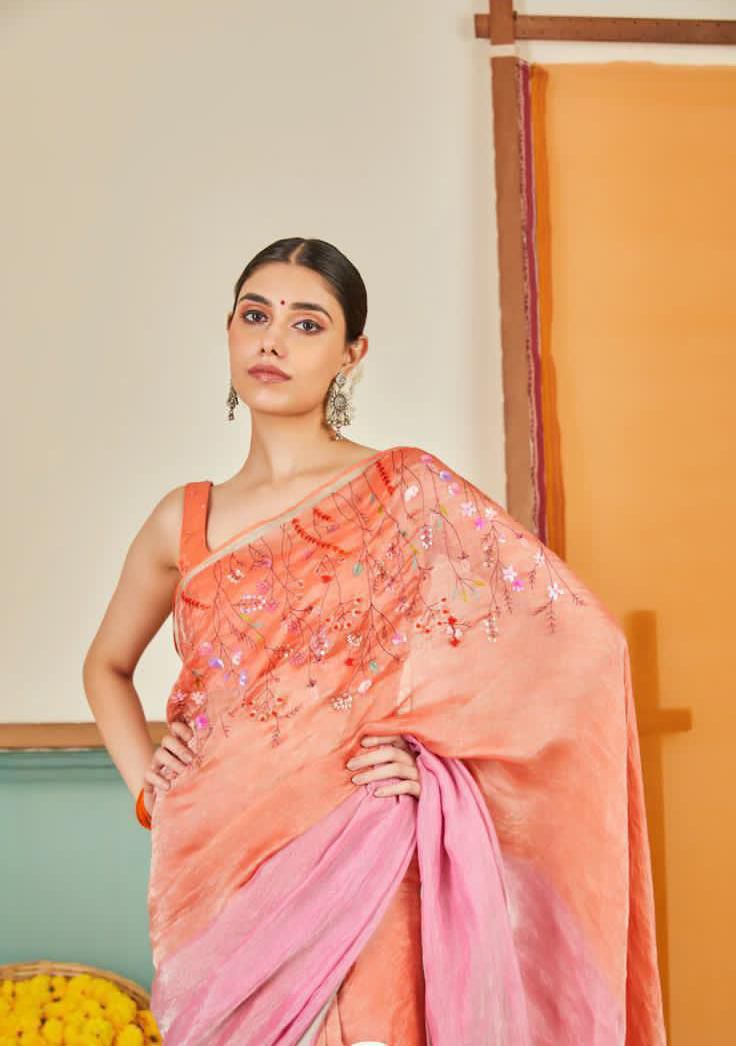 Linen embroidered saree