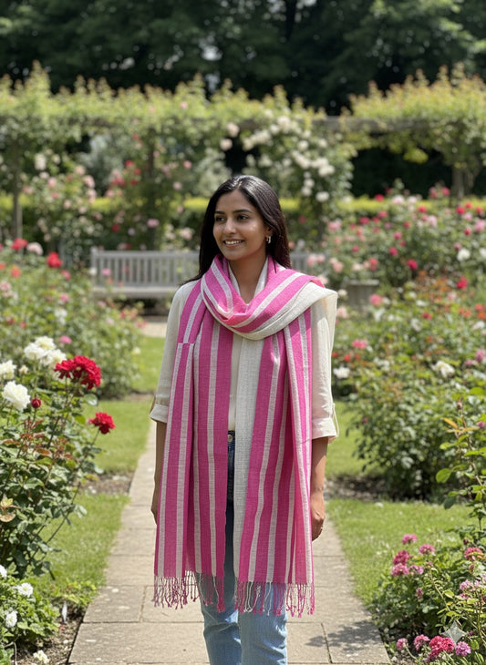 Striped pink linen scarf with tassels
