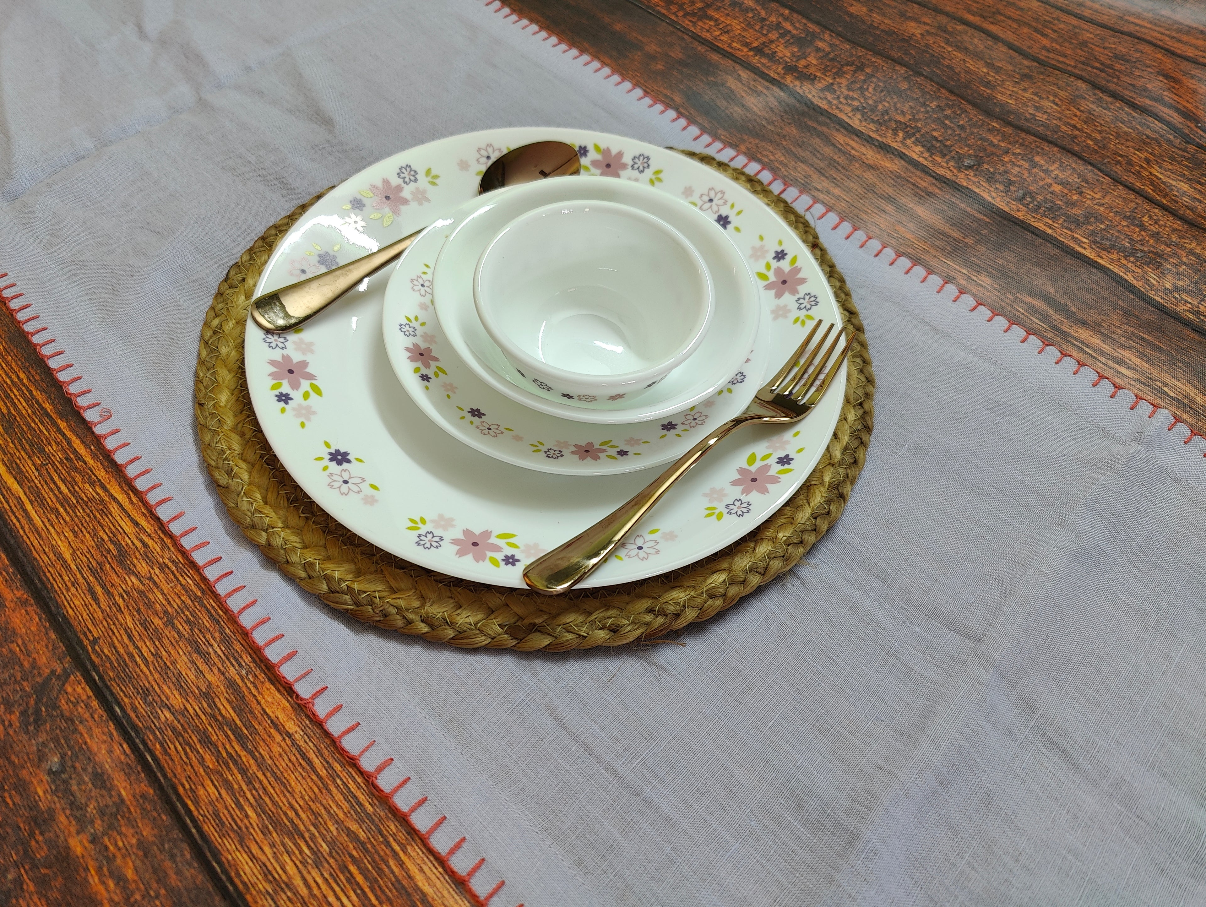 Lavender Linen Table Runner (1) , Festive Handwoven Embroidered Pattern Dining Linen ,100% Pure European Linen Table Runner