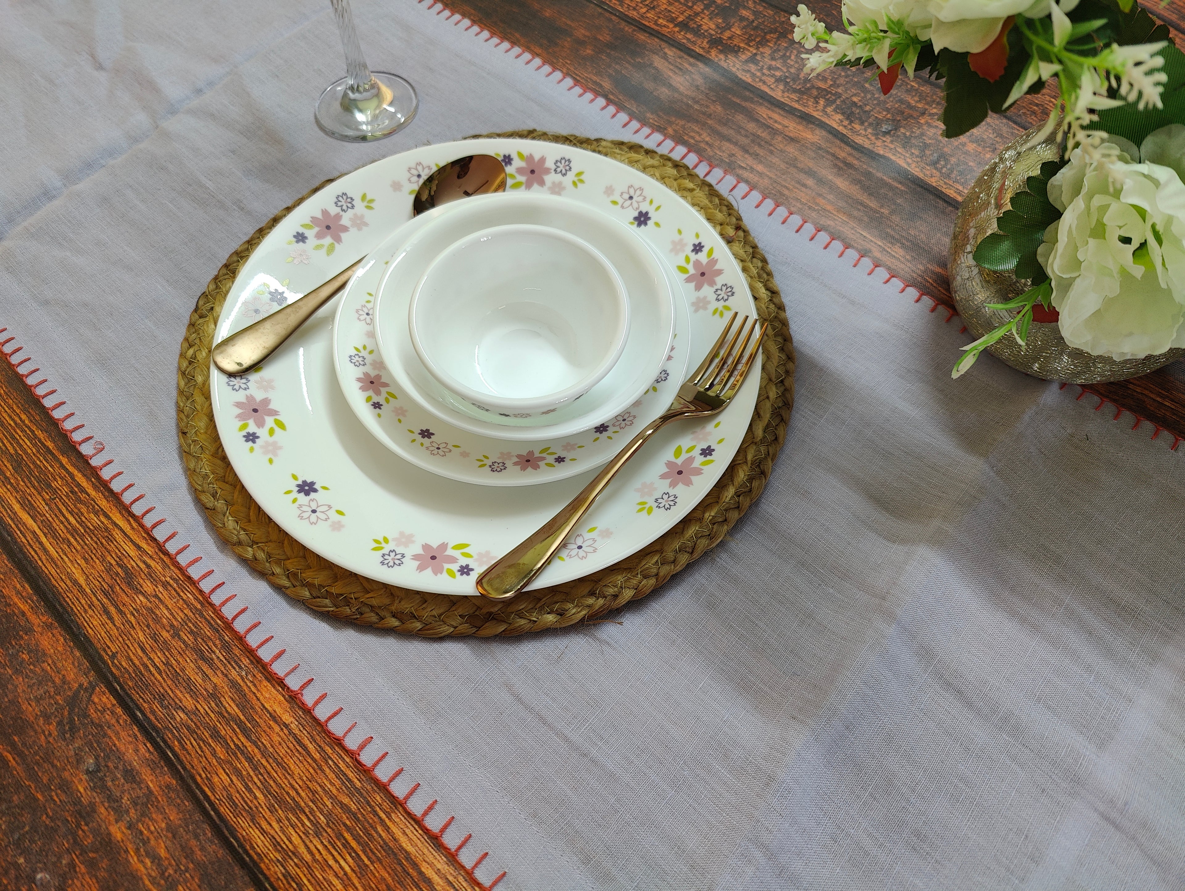 Lavender Linen Table Runner (1) , Festive Handwoven Embroidered Pattern Dining Linen ,100% Pure European Linen Table Runner