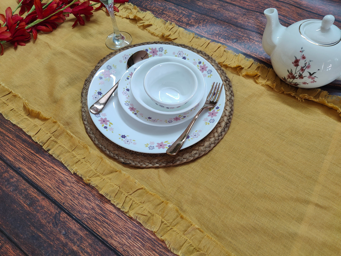 Mustard Linen Table Runner (1), Yellow Ruffled Runner, Dining Linen, 100% Pure European Linen Table Runner