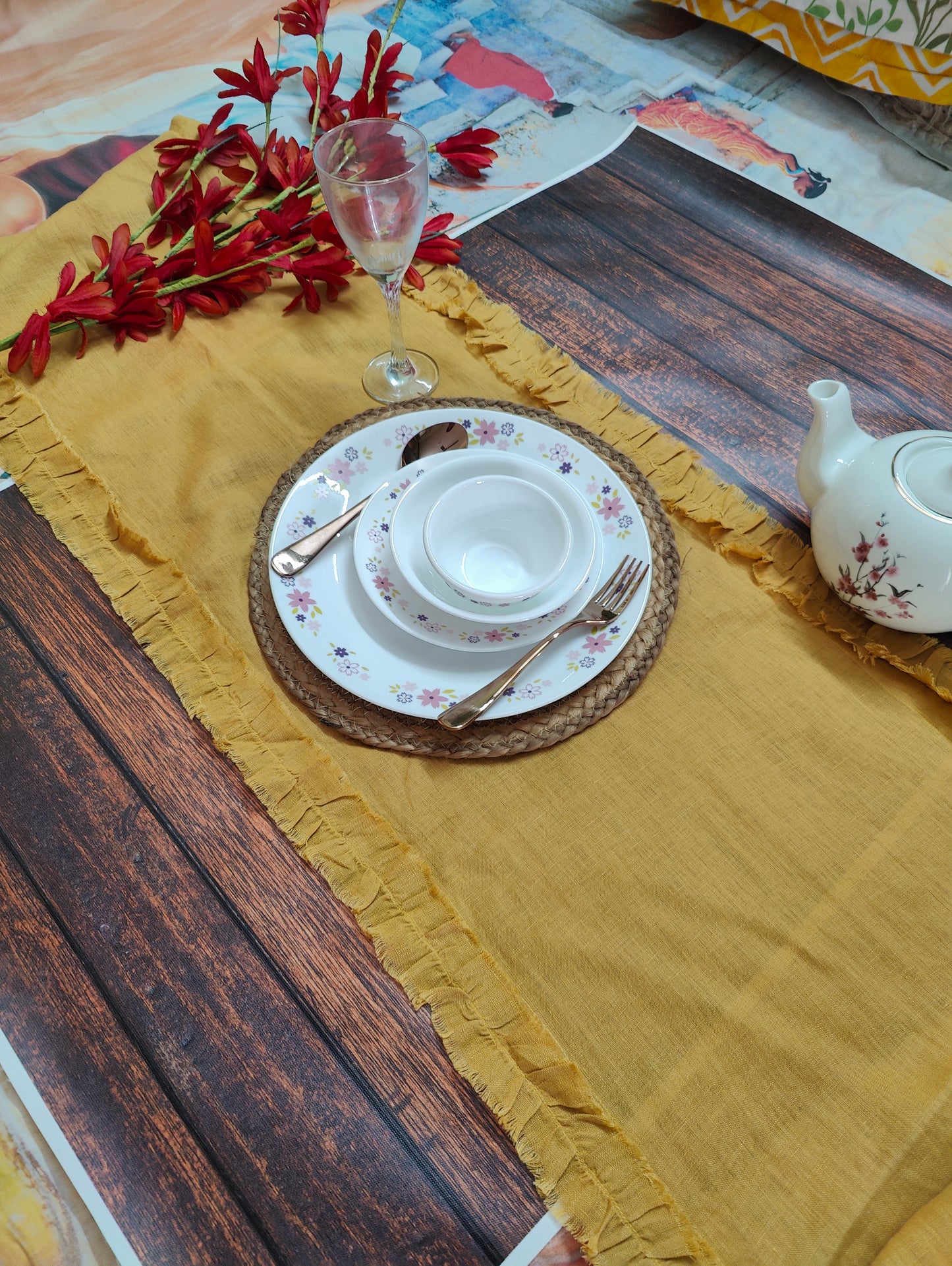 Mustard Linen Table Runner (1), Yellow Ruffled Runner, Dining Linen, 100% Pure European Linen Table Runner