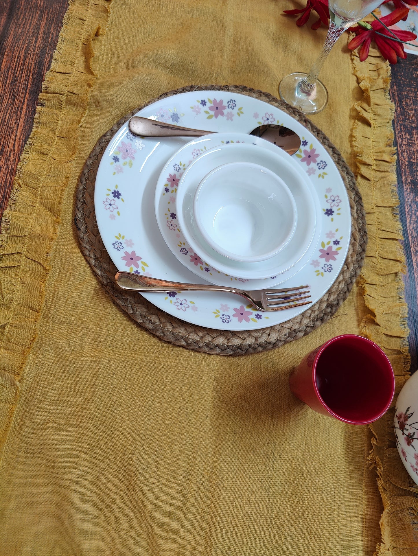 Mustard Linen Table Runner (1), Yellow Ruffled Runner, Dining Linen, 100% Pure European Linen Table Runner