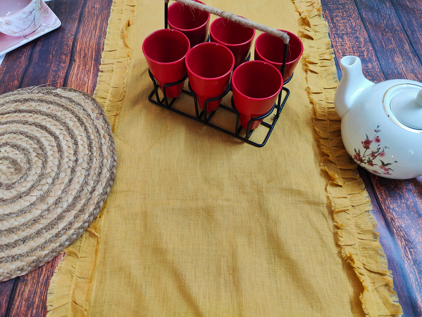 Mustard Linen Table Runner (1), Yellow Ruffled Runner, Dining Linen, 100% Pure European Linen Table Runner