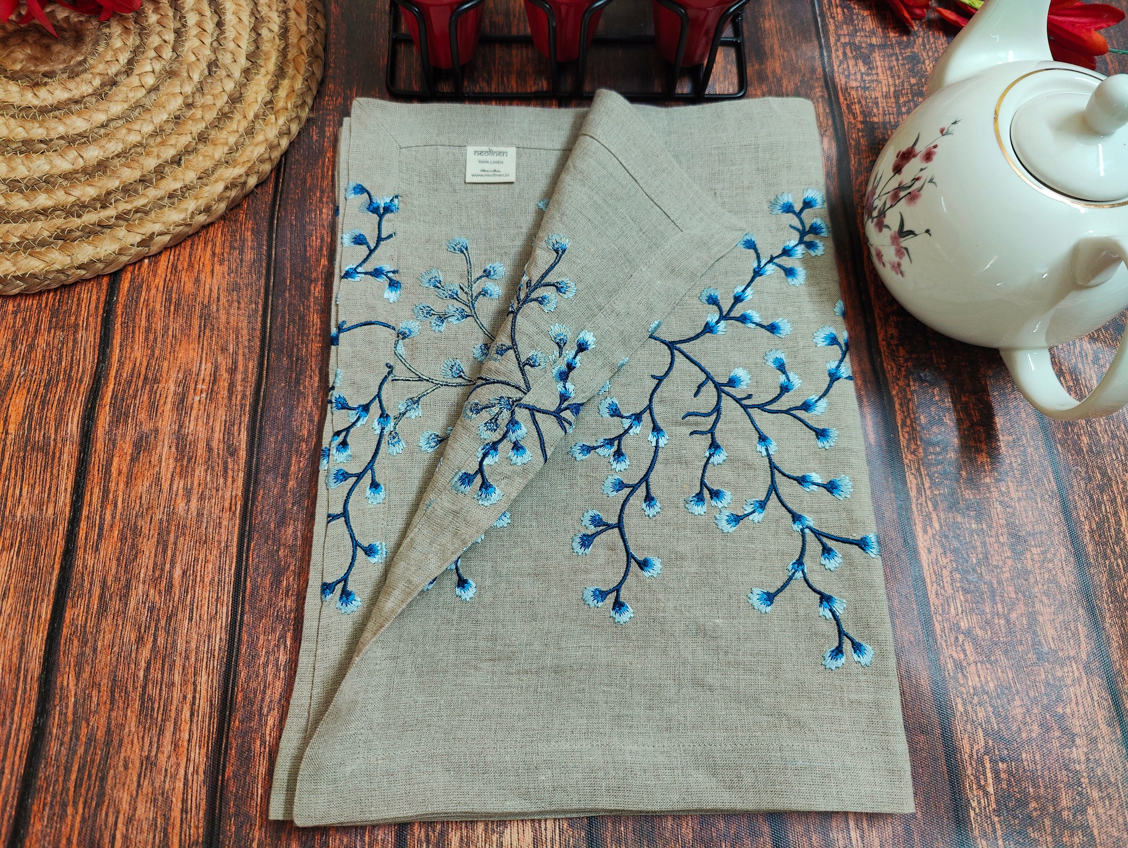 Linen Beige Royal Blue Embroidered Table Runner Gifts Festive table decor Prewashed 100% Pure European Linen Vintage Centrepiece Decor