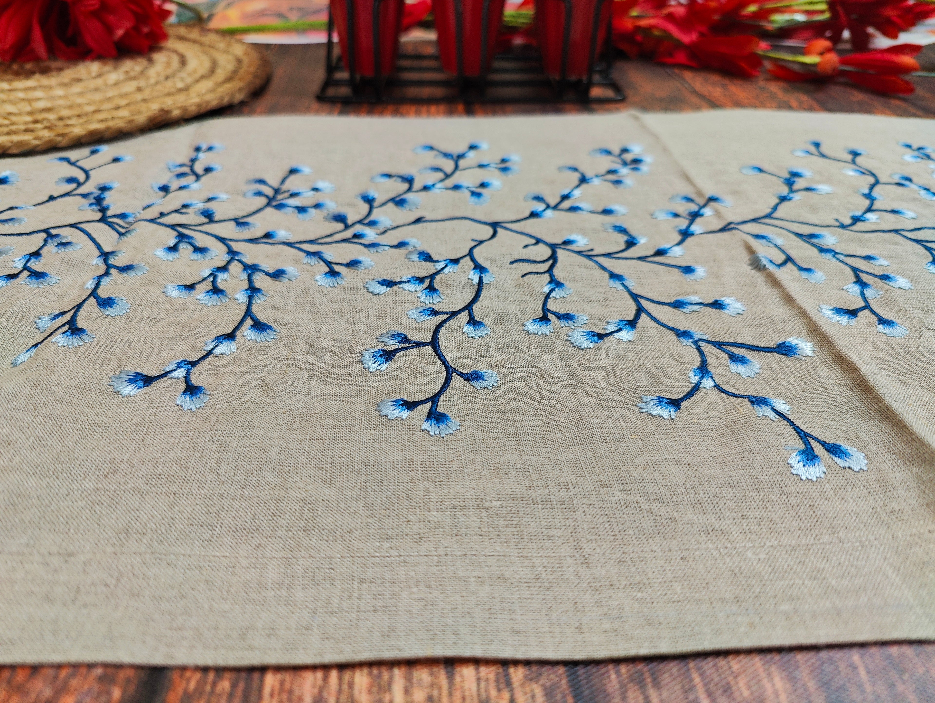 Linen Beige Royal Blue Embroidered Table Runner Gifts Festive table decor Prewashed 100% Pure European Linen Vintage Centrepiece Decor
