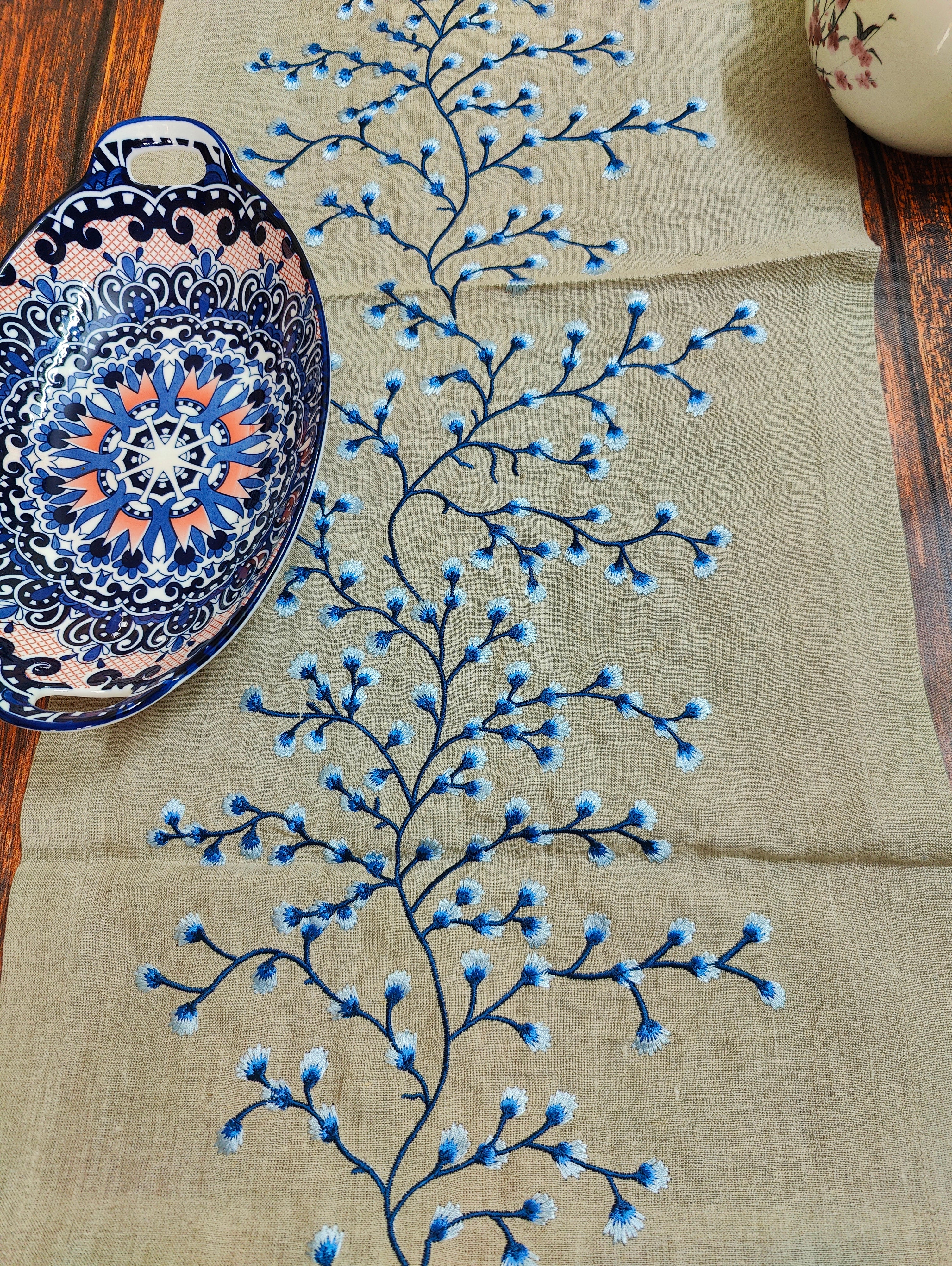 Linen Beige Royal Blue Embroidered Table Runner Gifts Festive table decor Prewashed 100% Pure European Linen Vintage Centrepiece Decor