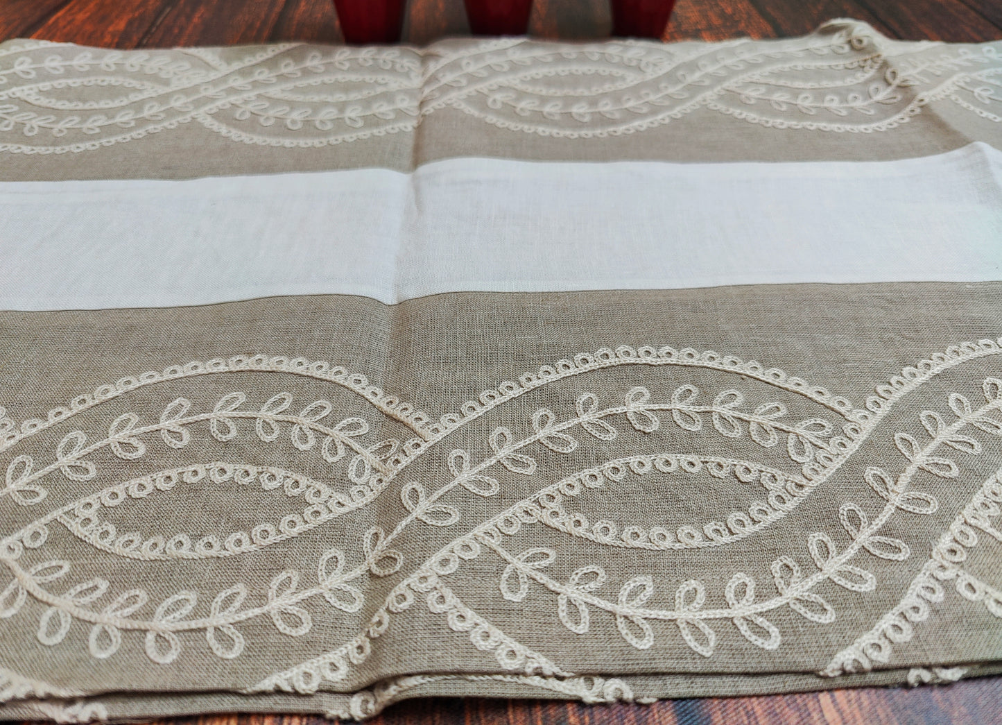 Linen Table Runner, Beige White Embroidered 80" by 14" .Vintage wedding long table runner for holiday, festival rustic new home or farmhouse