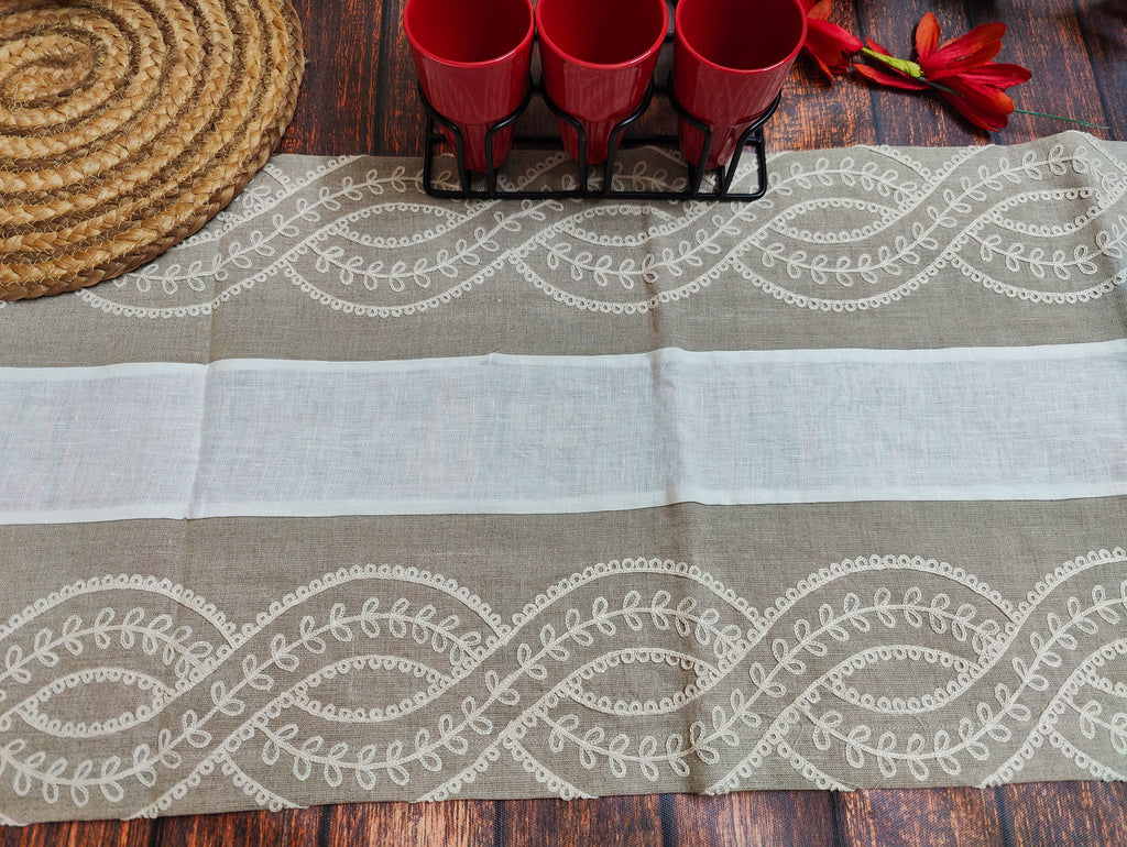 Linen Table Runner, Beige White Embroidered 80" by 14" .Vintage wedding long table runner for holiday, festival rustic new home or farmhouse