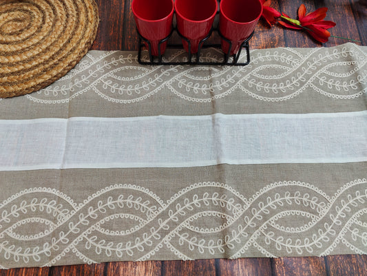 Linen Table Runner, Beige White Embroidered 80" by 14" .Vintage wedding long table runner for holiday, festival rustic new home or farmhouse